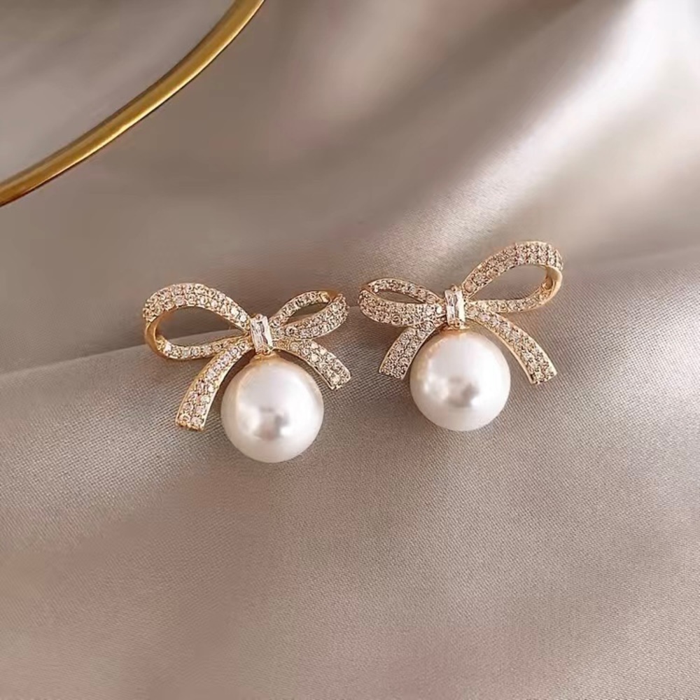 Gold Bow Classic Faux Pearl Formal Earrings Prom Cocktail Wedding Bridal Jewelry